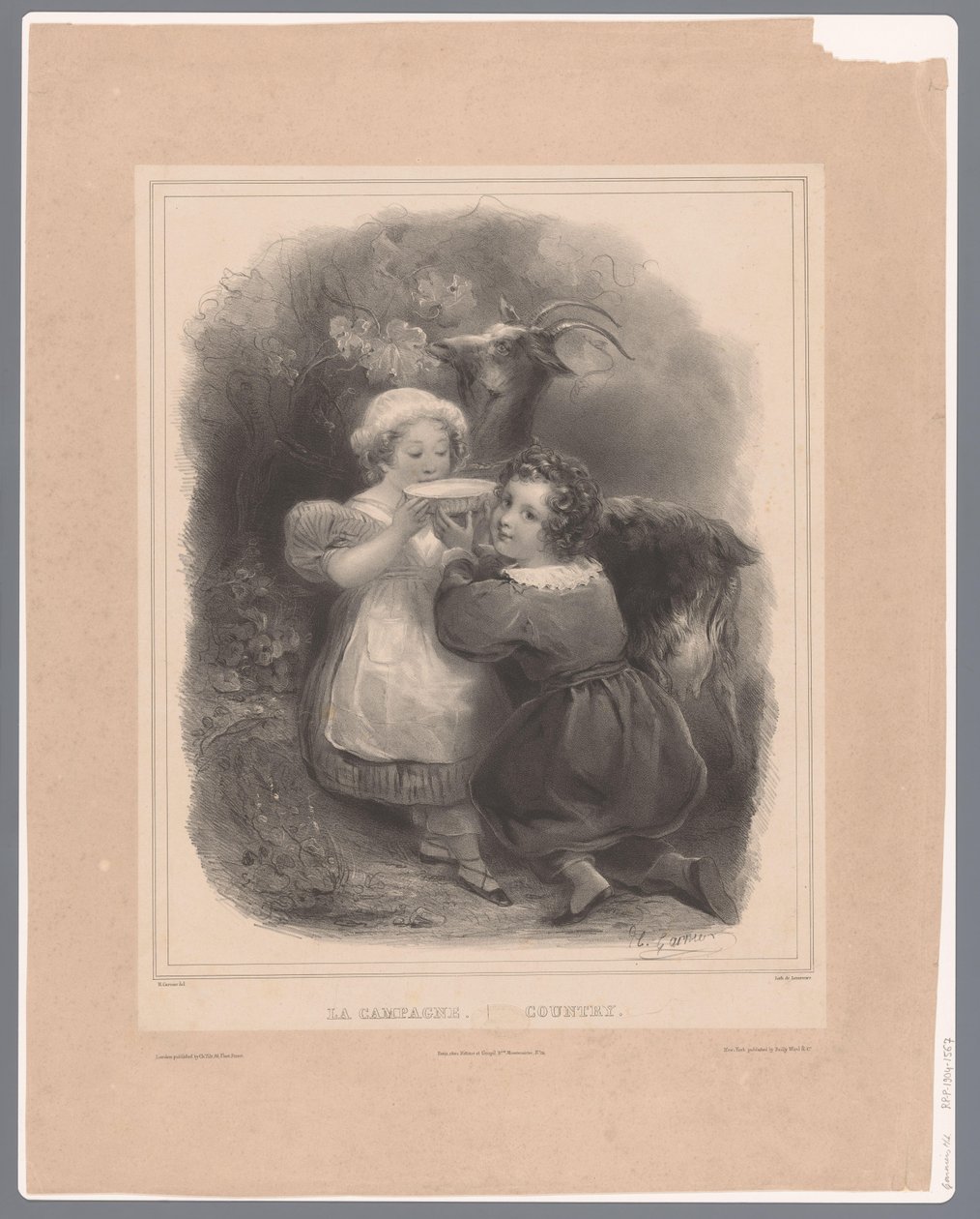 Két gyerek egy kecskével iszik kecsketejet La Campagne / Ország (cím a tárgyon) alkotó: Hippolyte Louis Garnier
