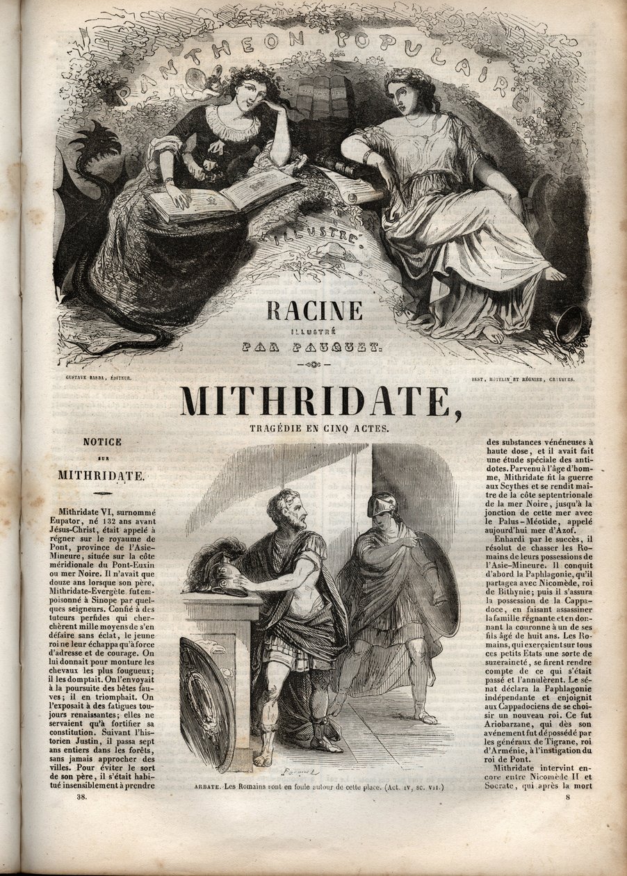 Mithridate tragédiája öt felvonásban Jean Racine-tól – metszet a „Jean Racine életműveibe” Pauquet illusztrálta és Emile de La Bedolliere közleménye – 1851 alkotó: Hippolyte Louis Pauquet