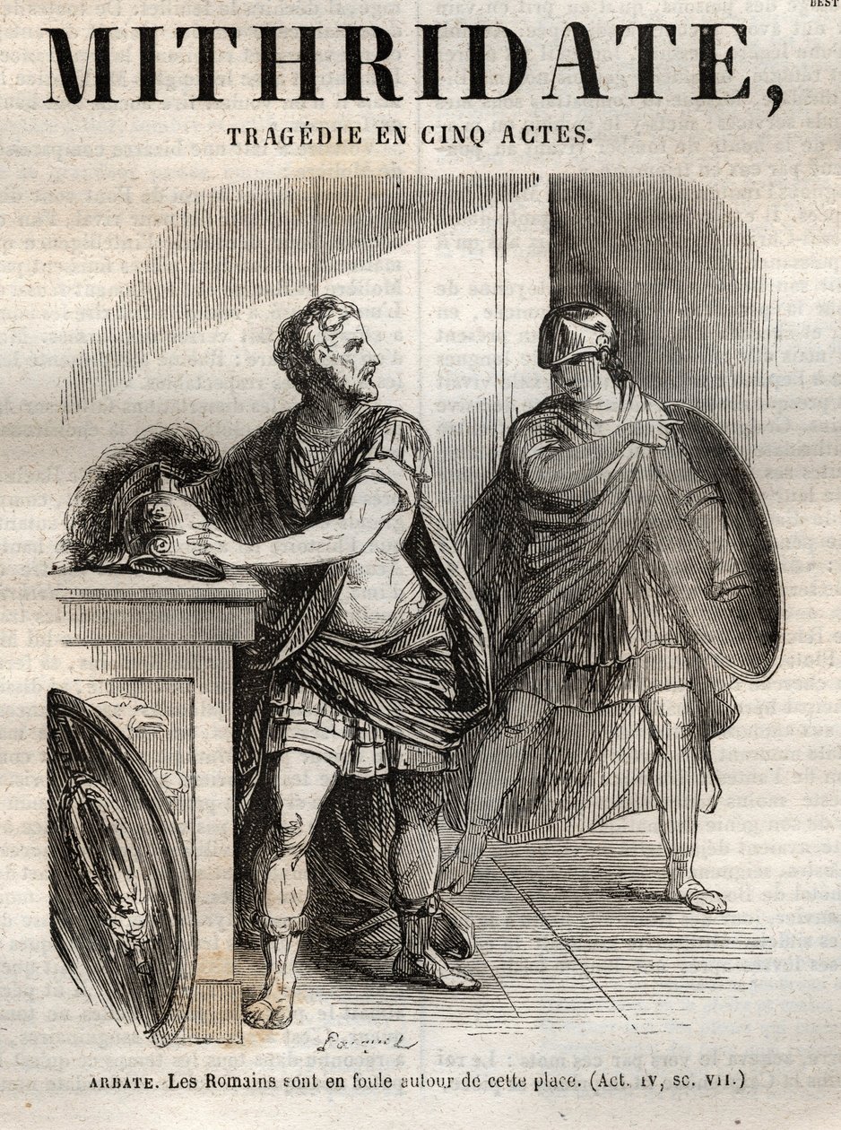 Mithridate tragédiája öt felvonásban Jean Racine-tól – metszet a „Jean Racine életműveibe” Pauquet illusztrálta és Emile de La Bedolliere közleménye – 1851 alkotó: Hippolyte Louis Pauquet