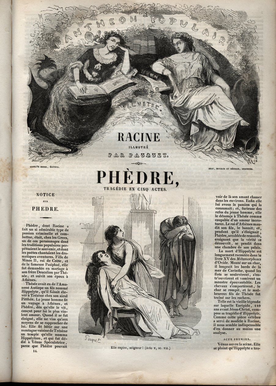 Phedre, Jean Racine (1639-1699 – metszet a „Jean Racine művei” című könyvbe, Pauquet illusztrálta és Emile de La Bedolliere megjegyzése – 1851) alkotó: Hippolyte Louis Pauquet