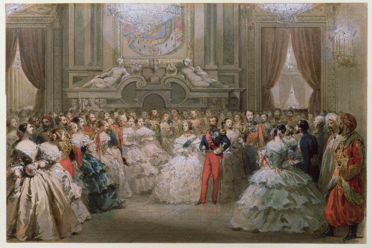 Viktória királynő (1819-1901) és Albert herceg (1819-61) III. Napóleon és Eugenie ünnepi vacsoráján, 1853 (wc papíron) alkotó: Hippolyte Louis Pauquet