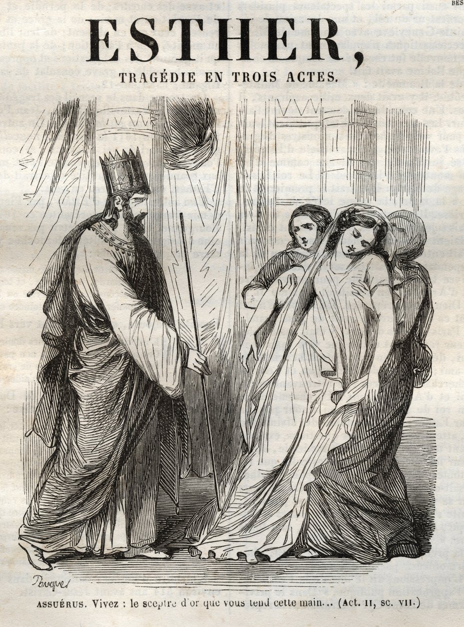 Jelenet Estherből, Jean Racine (1639–1699) tragédiája – metszet „Jean Racine művei”-be, Pauquet illusztrálta és Emile de La Bedolliere megjegyzése – 1851 alkotó: Hippolyte Louis Pauquet