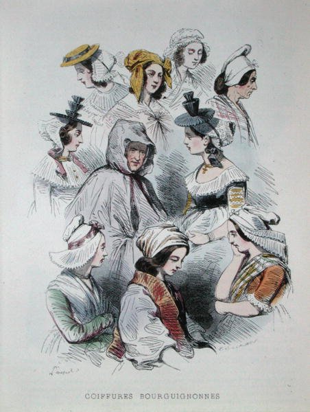 Burgundi parasztok fejdíszei a „Les Francais peints par lui-mes” című könyvből alkotó: Hippolyte Louis and Polydore Pauquet