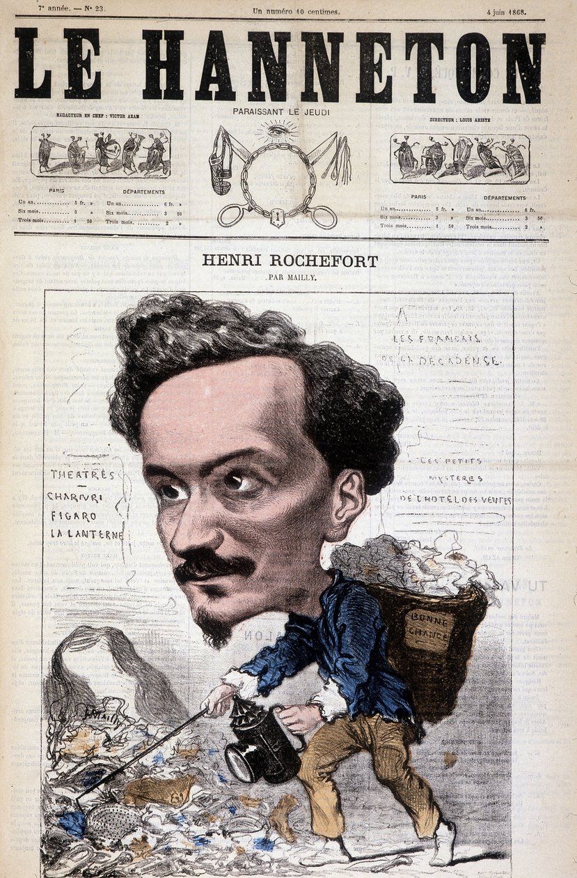 Henri Rochefort (1831-1913) francia újságíró, író és politikus rajzfilmje. Le Hannetonban, június 4-én alkotó: Hippolyte Mailly