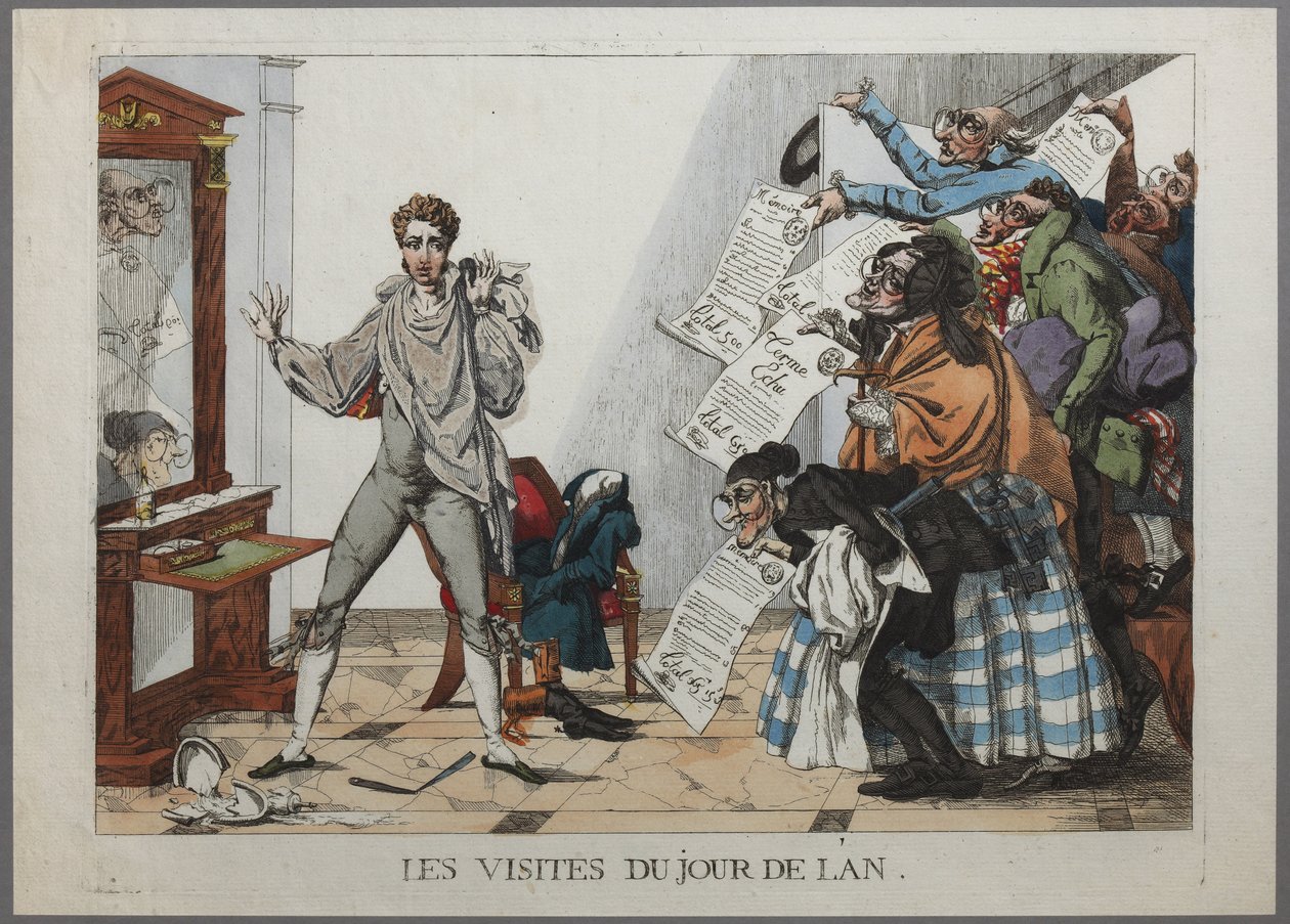 Az újévi látogatások - (Hitelezők tömege megy el egy fiatal férfi lakásának ajtaján, számlákat lobogtatva az előző év extravaganciáiért. 1814. december Kézi színes metszet) - A látogatók újév napján pa. alkotó: Hippolyte Pochon