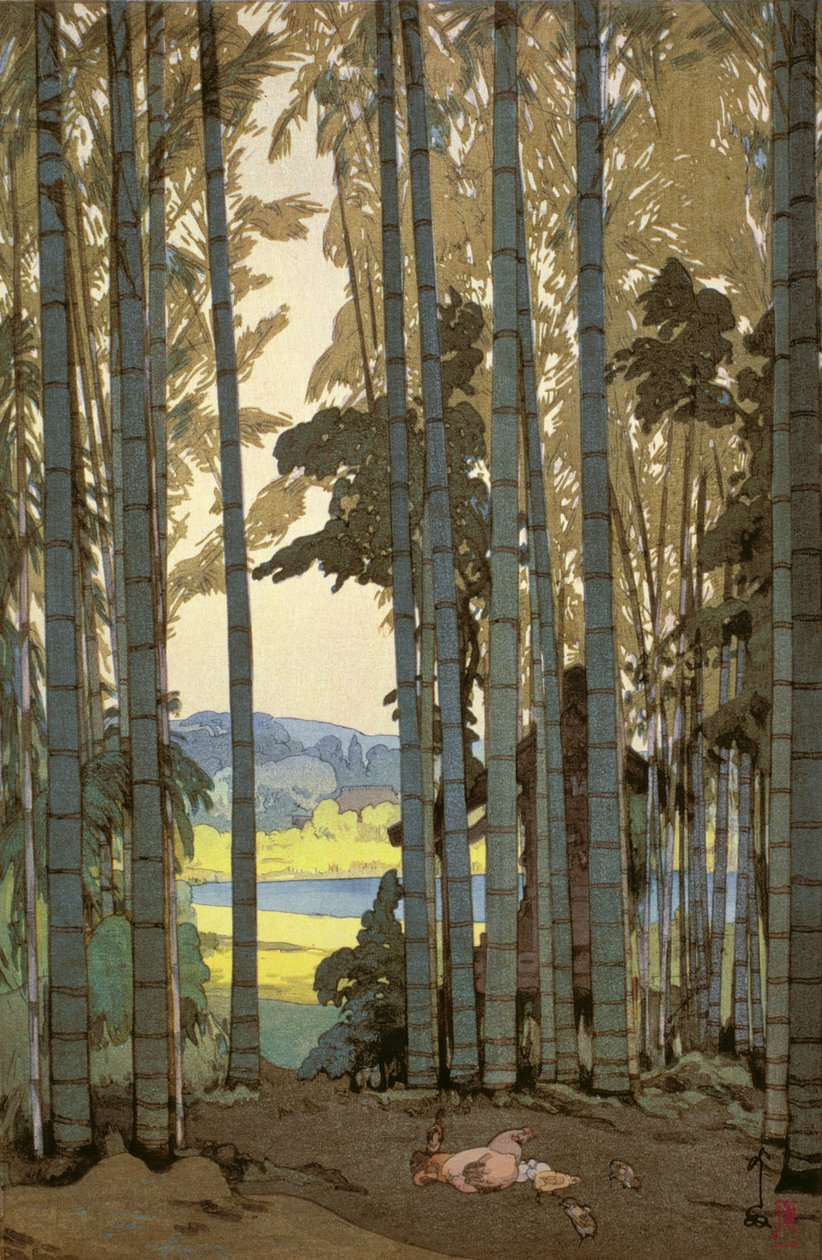Tyúkok bambuszfában (színes fatömbnyomat) alkotó: Hiroshi Yoshida