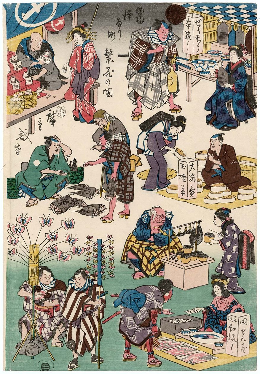 Karakterek a játékszerekből, mint kereskedők és ügyfelek alkotó: Utagawa Hiroshige