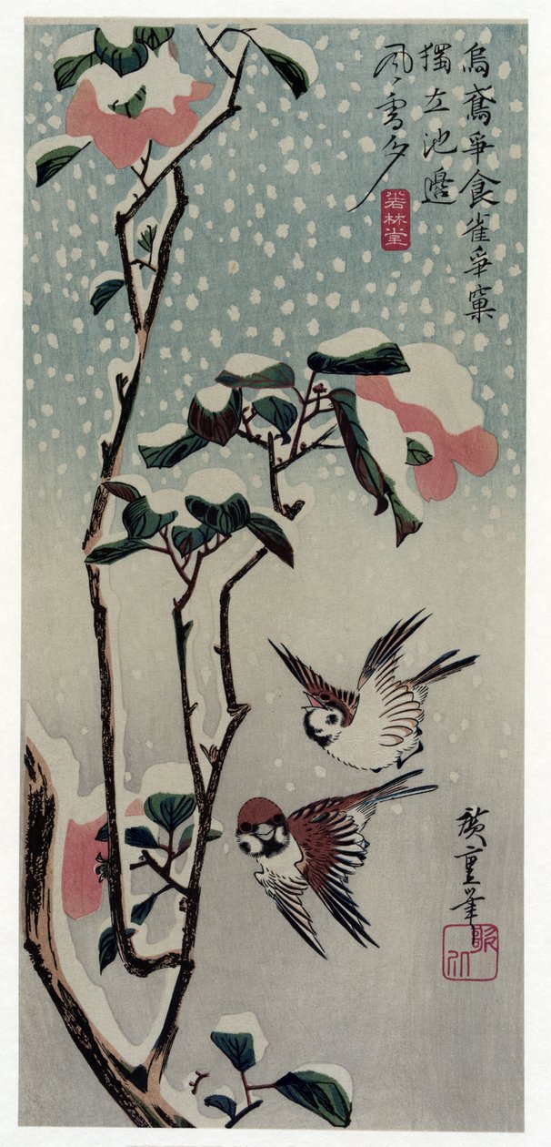 Secchu Tsubaki ni Suzume (Verébek és kaméliák a hóban) alkotó: Utagawa Hiroshige