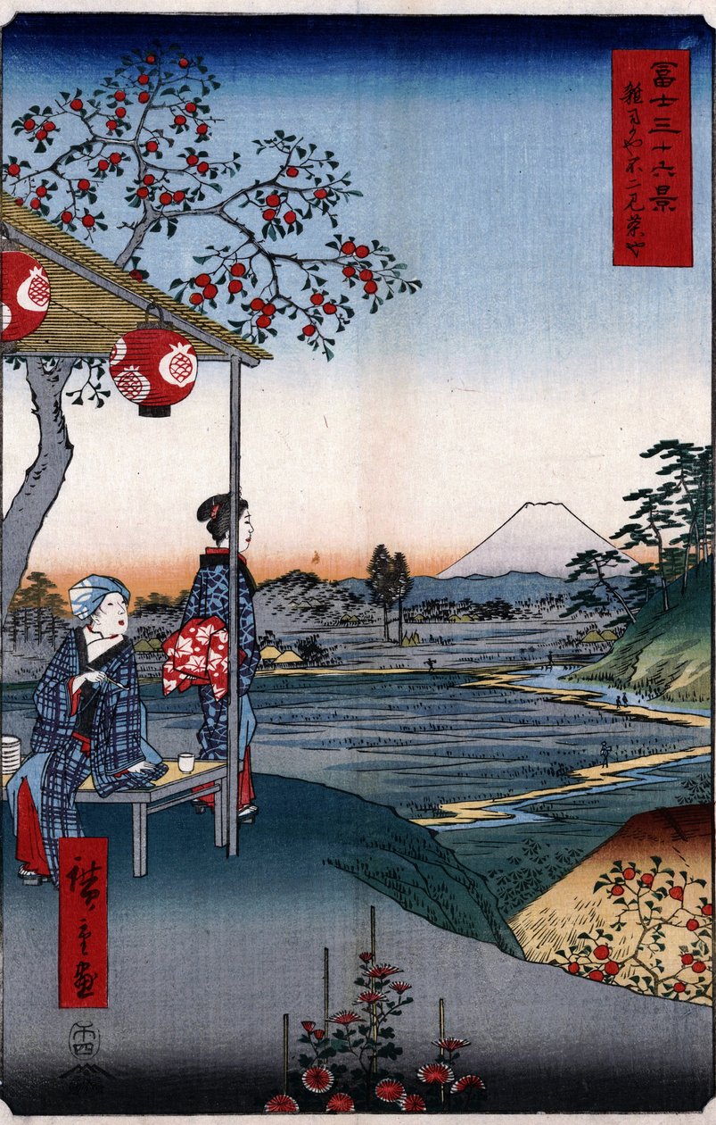 A teaház a Fuji hegyre néző kilátással alkotó: Utagawa Hiroshige