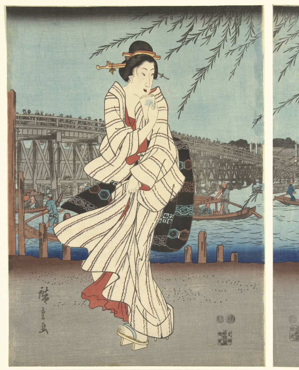 Híres helyek a keleti fővárosban: Élvezze az esti szellőt a Ryogoku-hídnál alkotó: Hiroshige (I) , Utagawa