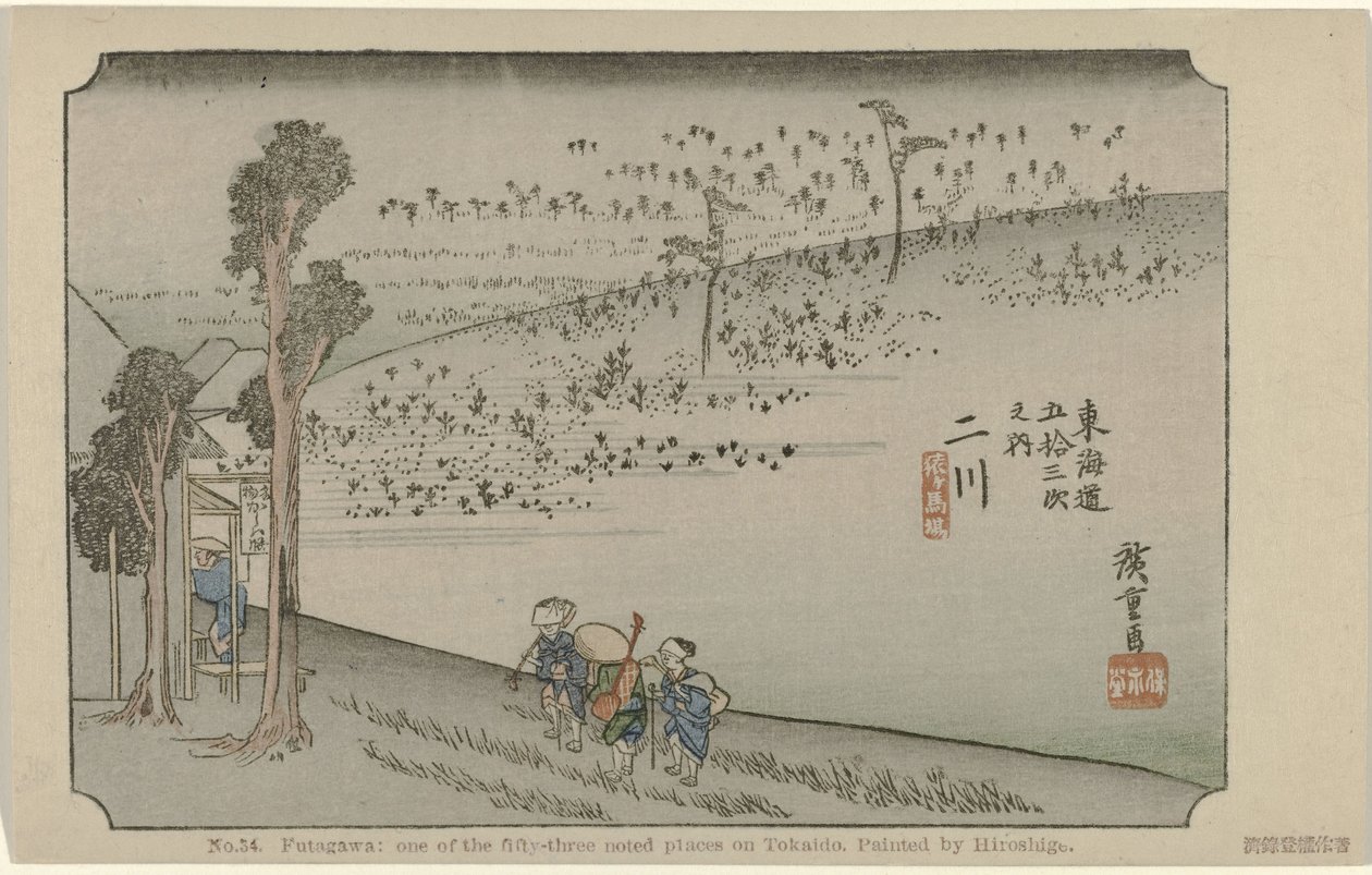 Futagawa No. 34. Futagawa: az ötvenhárom jegyzett hely egyike Tokaidón, Hiroshige festette (cím a tárgyon) De Tôkaidô van Hiroshige (sorozat címe) Hiroshige no fude Tôkaidô (sorozat címe az objektumon) alkotó: Hiroshige (I) , Utagawa