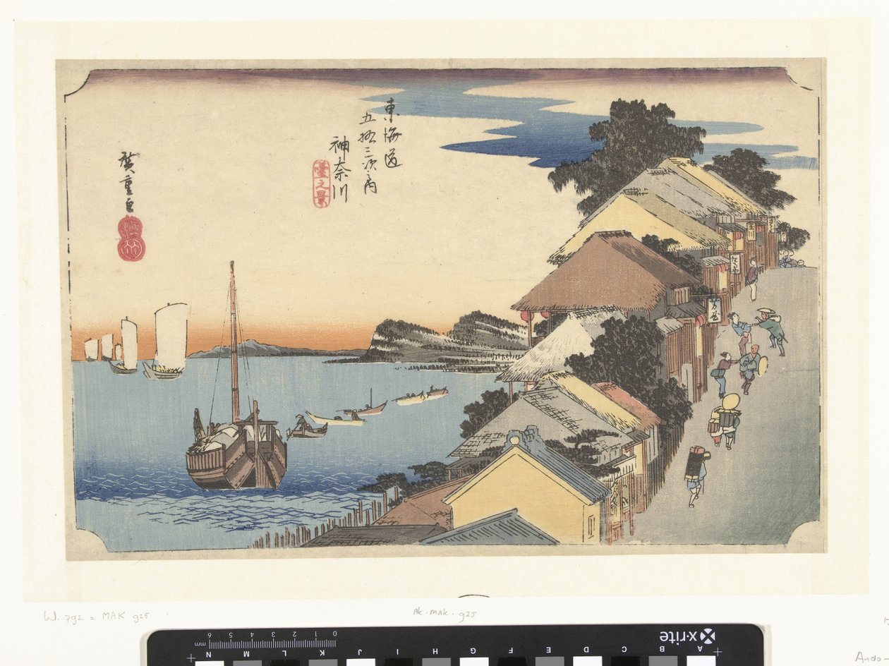 Kanagawa, bergopwaarts Kanagawa, dai no kei (cím a tárgyon) De 53 Stations van de Tokaido (sorozat címe) Tokaido gojusan tsugi no uchi (sorozat címe az objektumon) alkotó: Hiroshige (I) , Utagawa