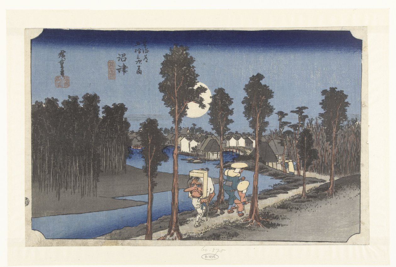 Numazu in de avondschemering Numazu tasogare no zu (cím a tárgyon) De 53 Stations van de Tokaido (sorozat címe) Tokaido gojusan tsugi no uchi (sorozat címe az objektumon) alkotó: Hiroshige (I) , Utagawa