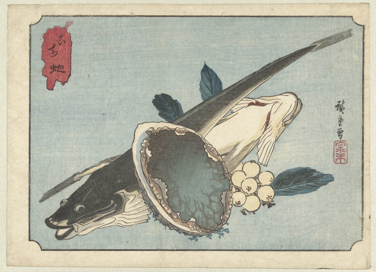 Lepényhal, abalone és bogyók Kochi awabi (cím a tárgyon) alkotó: Hiroshige (I) , Utagawa