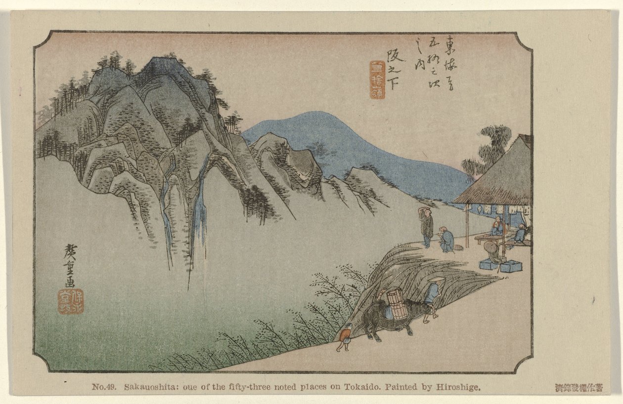Saka no shita No. 49. Saka no shita: az ötvenhárom jegyzett hely egyike Tokaidón, Hiroshige festette (cím a tárgyon) De Tôkaidô van Hiroshige (sorozat címe) Hiroshige no fude Tôkaidô (sorozat címe az objektumon) alkotó: Hiroshige (I) , Utagawa