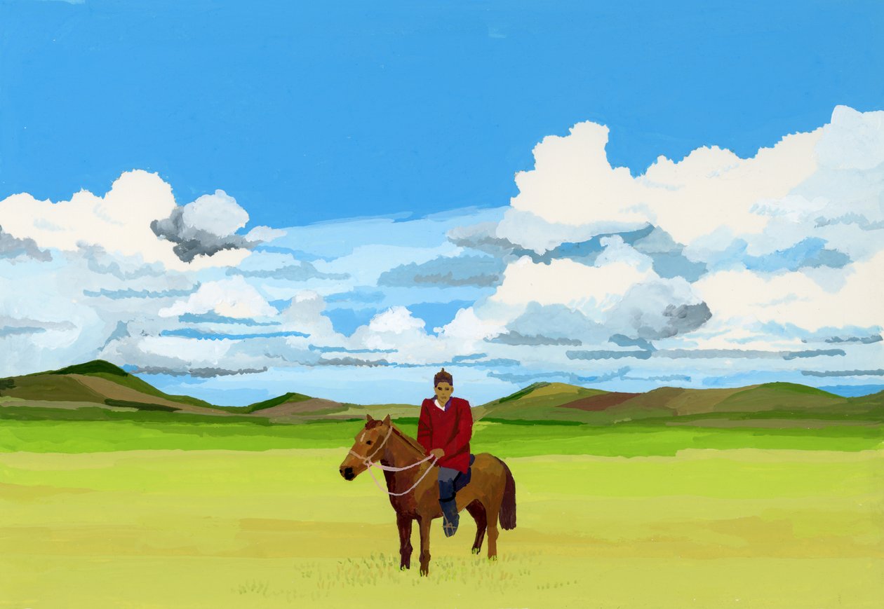 Mongol sztyeppék és lovagló emberek, 2015 (Guache papíron) alkotó: Hiroyuki Izutsu