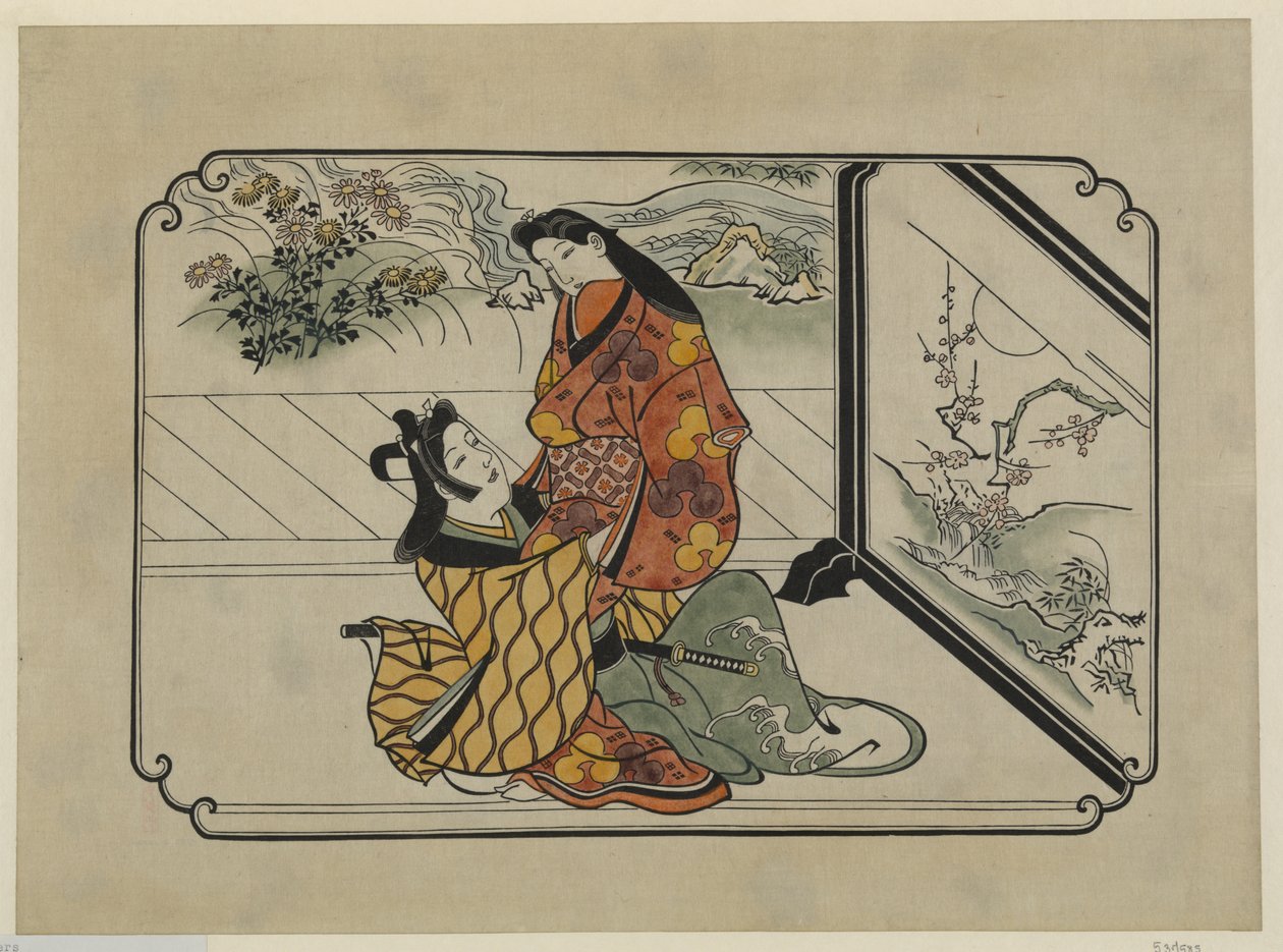 Kézi színű ukiyo-e nyomtatás Két szerelmes ölelkezik egy festett képernyő előtt alkotó: Hishikawa Moronobu