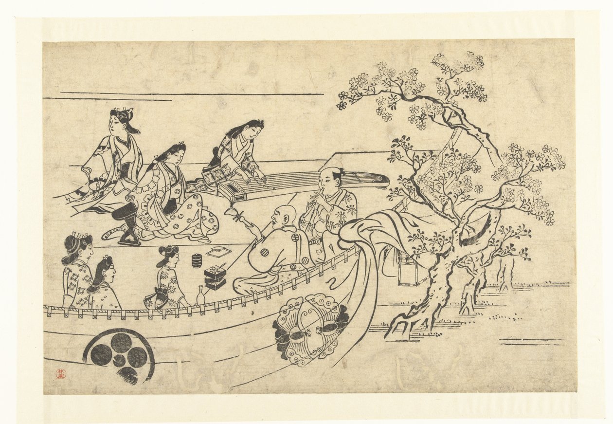 Zenés társaság egy cseresznyefa alatt Cseresznyevirágok megtekintése Uenóban (sorozat címe) Ueno hanami no tei (sorozat címe) alkotó: Hishikawa Moronobu (attributed to)