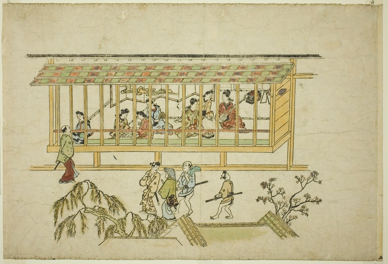 Kurtézánok háza, a "Yoshiwara megjelenése (Yoshiwara no tei)" sorozatból alkotó: Hishikawa Moronobu
