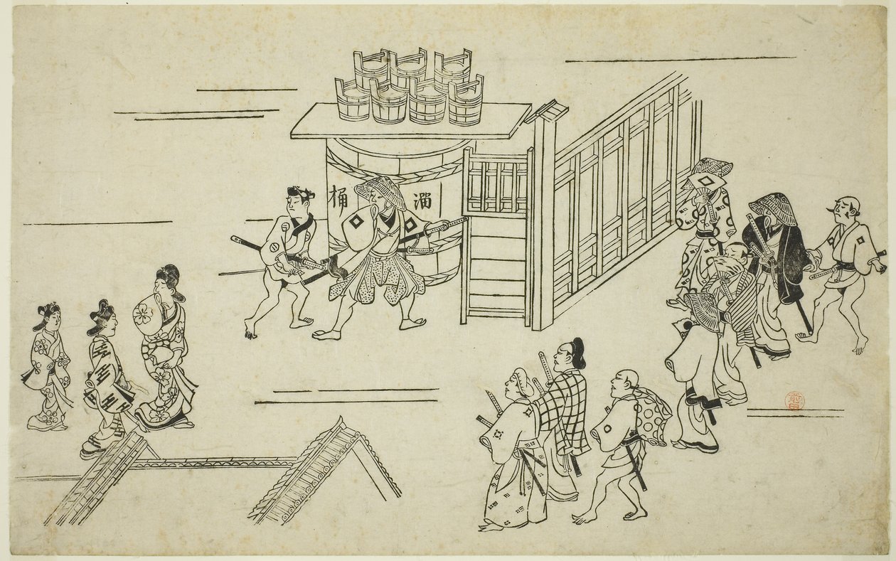 Entrance to Ageyacho, from the series "The Appearance of Yoshiwara (Yoshiwara no tei)", c.1681-84 (woodblock print; sumizuri-e, oban) alkotó: Hishikawa Moronobu