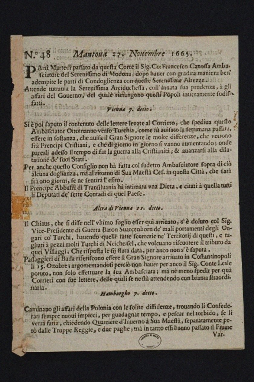 Gazzetta di Mantova – a legrégebbi olasz újság, 1665 alkotó: Historic Object