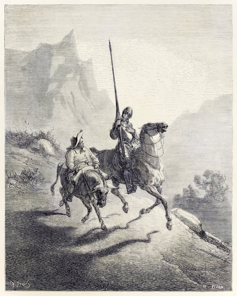 „Don Quijote és Sancho útnak indul” Miguel de Cervantes „Don Quijote” című művéből (metszet) alkotó: Héliodore Joseph Pisan