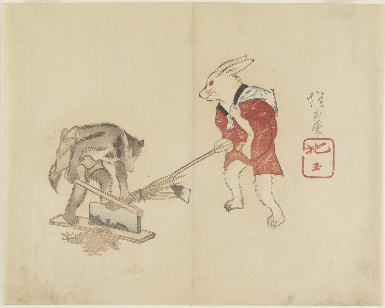 (Nyúl és mosómedve aprító szalma), c. 1830 alkotó: Hogyoku