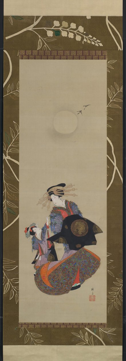 Yoshiwara szépsége inassal Holdfényben, 19. század. alkotó: Hokuba