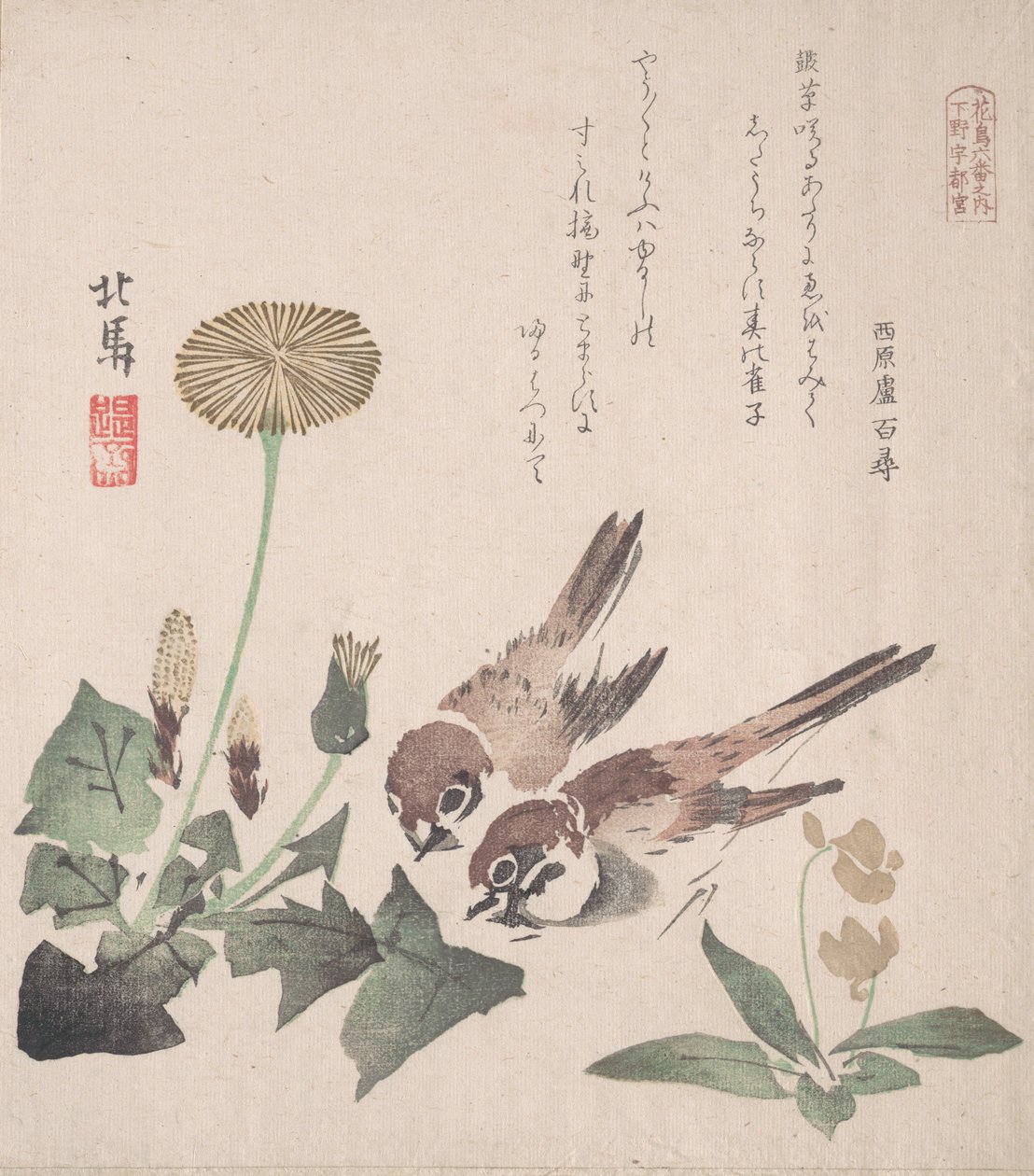 Tavaszi esőkollekció Harusame shu, vol. 3: verebek és pitypangok, kb. 1820., kb. 1820. alkotó: Hokuba