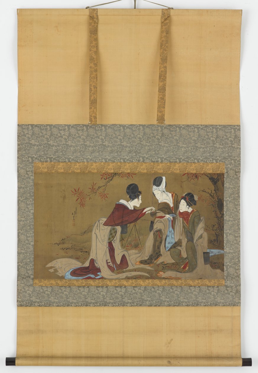 Három shirabyoshi ivószakét őszi levelek tüzén hevítve, Edo-korszak, 1800-1850. alkotó: Hokuga