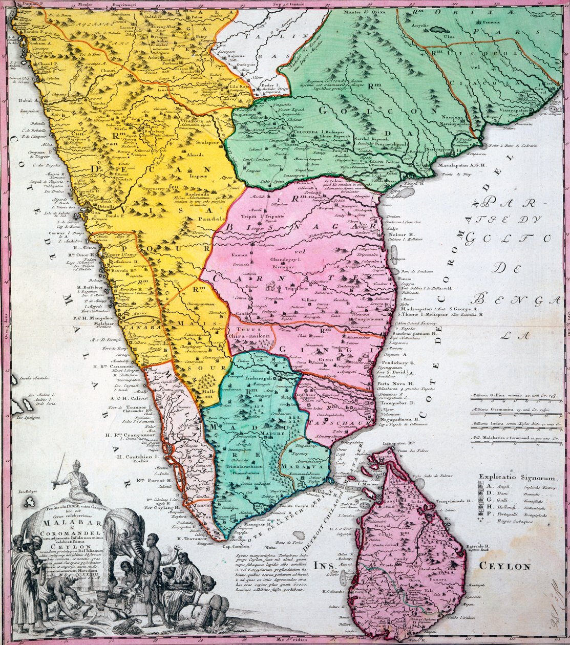 Az Indiai-félsziget térképe, 1733 (kézi színezésű metszet) alkotó: Homann Heirs Company