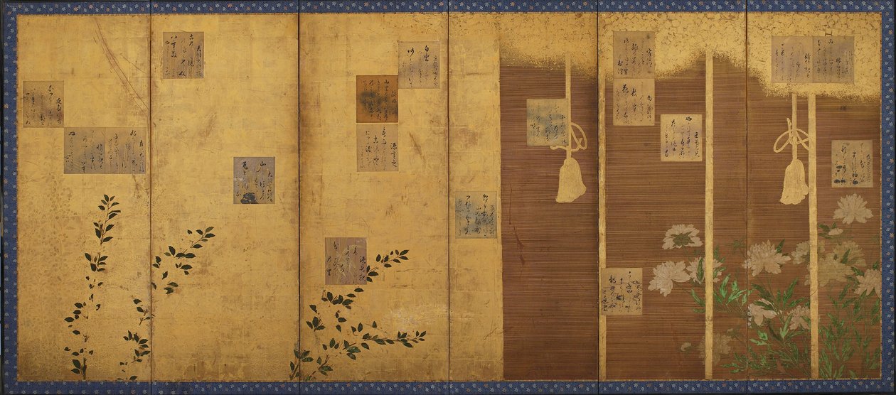 Összecsukható paravánok az antológiából származó versekkel, Shin kokinshu, Edo-korszak, 1624-1637. alkotó: Hon