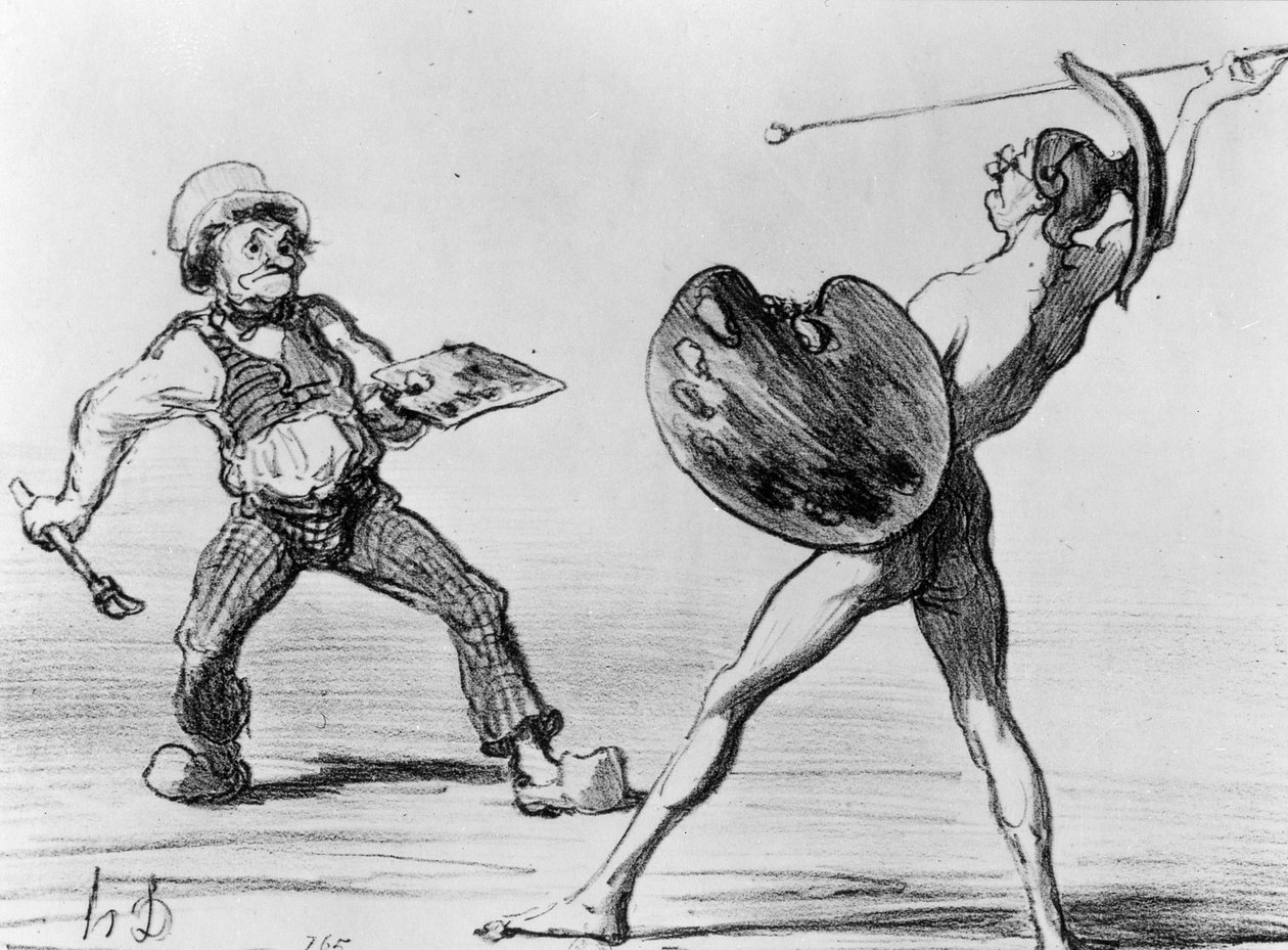 „Az iskolák csatája – idealizmus és realizmus”, illusztráció a „Fantaisies” sorozatból, megjelent a „Charivari”-ban, 1855. április 24. alkotó: Honoré Daumier