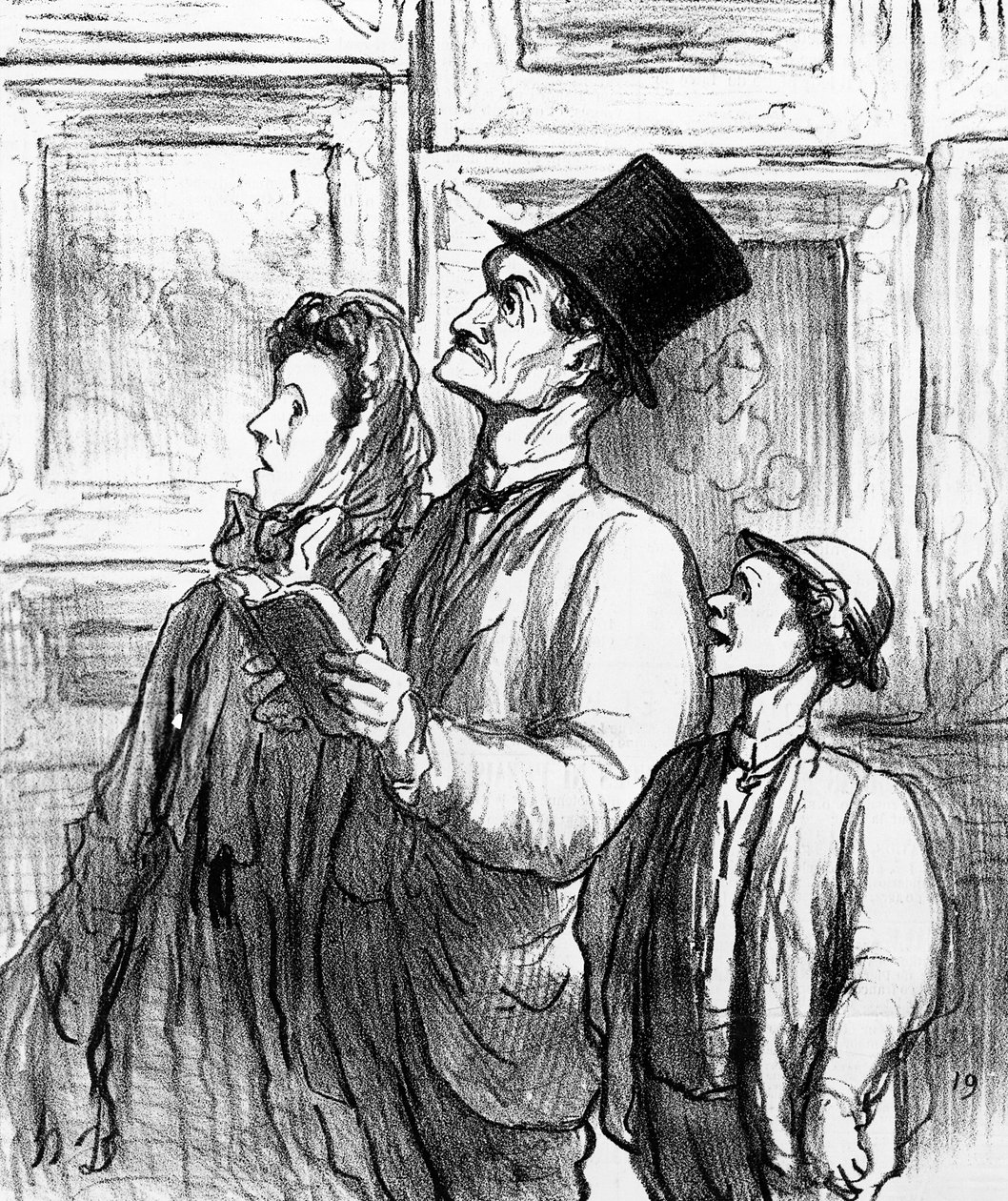Családi látogatás az 1863-as párizsi szalonban, és kommentálja Manet „Olympia” című festményét, a „Charivari” magazin rajzfilmjét, 1865. június 19. alkotó: Honoré Daumier