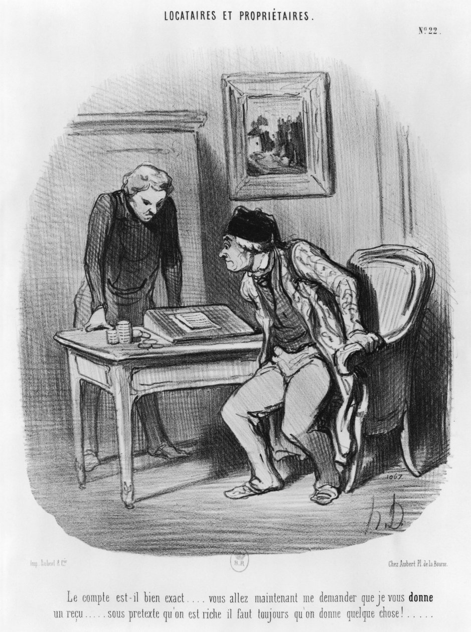 „Megfelelő az összeg”, 22. tábla a „Bérlők és tulajdonosok” sorozatból, alkotó: Honoré Daumier