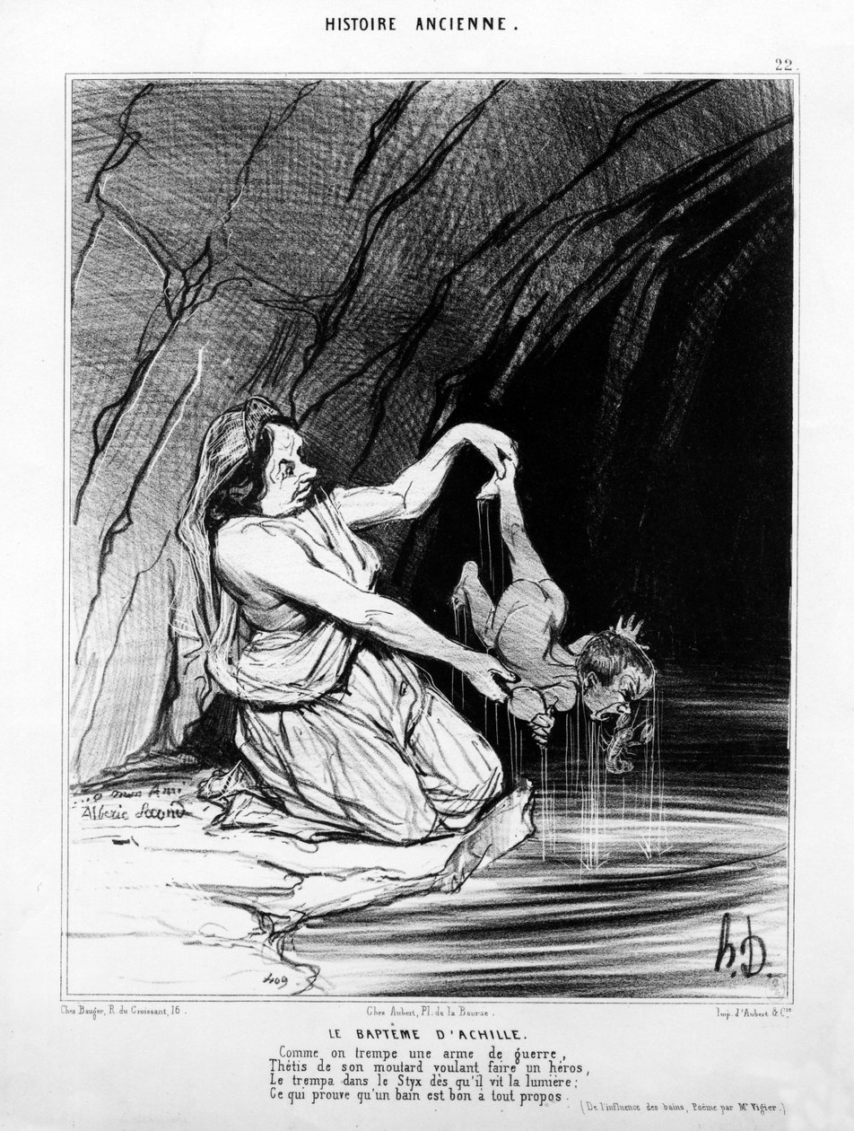 Akhilleusz keresztsége, megjelent a „Le Charivari”-ban, 1842. augusztus 28. alkotó: Honoré Daumier