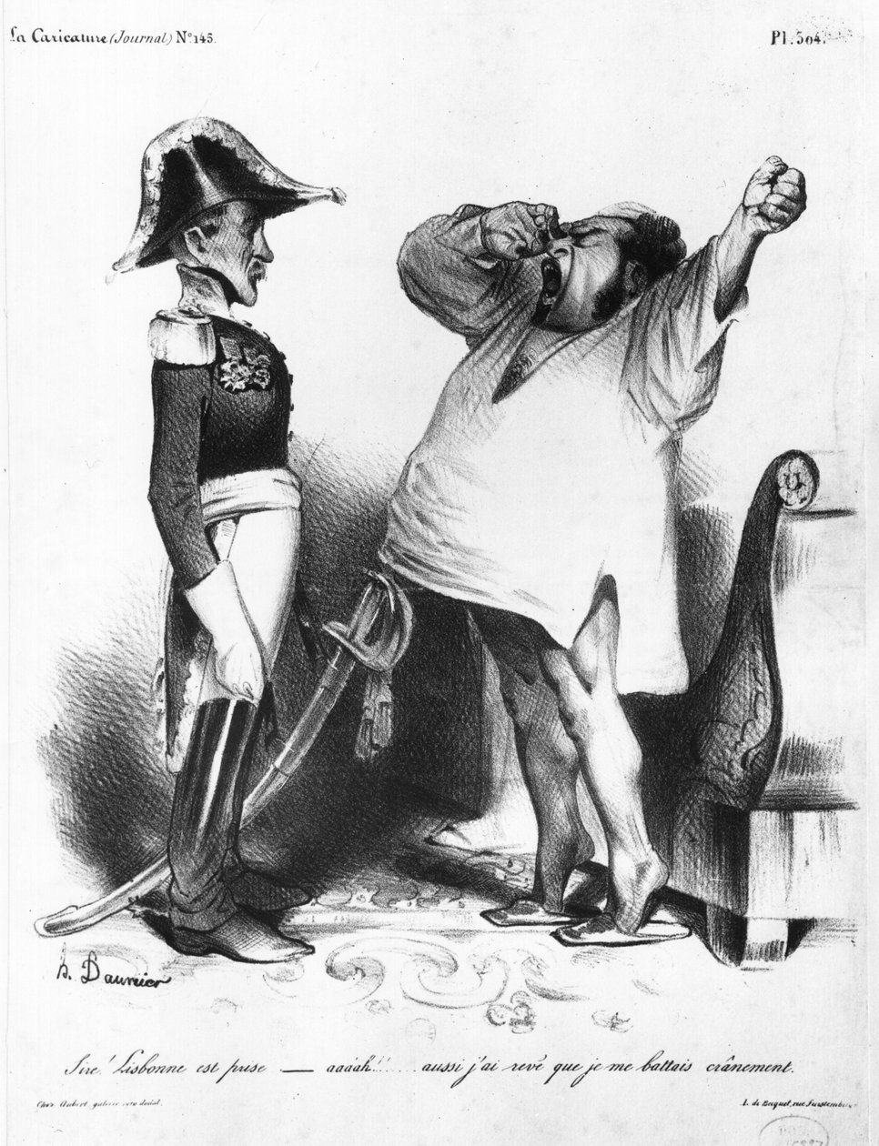 Villaflor grófja elmondja I. Pedronak (1798-1834), Brazília császárának és Portugália királyának, hogy visszafoglalta Lisszabont a „La Caricature”-ből, N 145, 1833 alkotó: Honoré Daumier