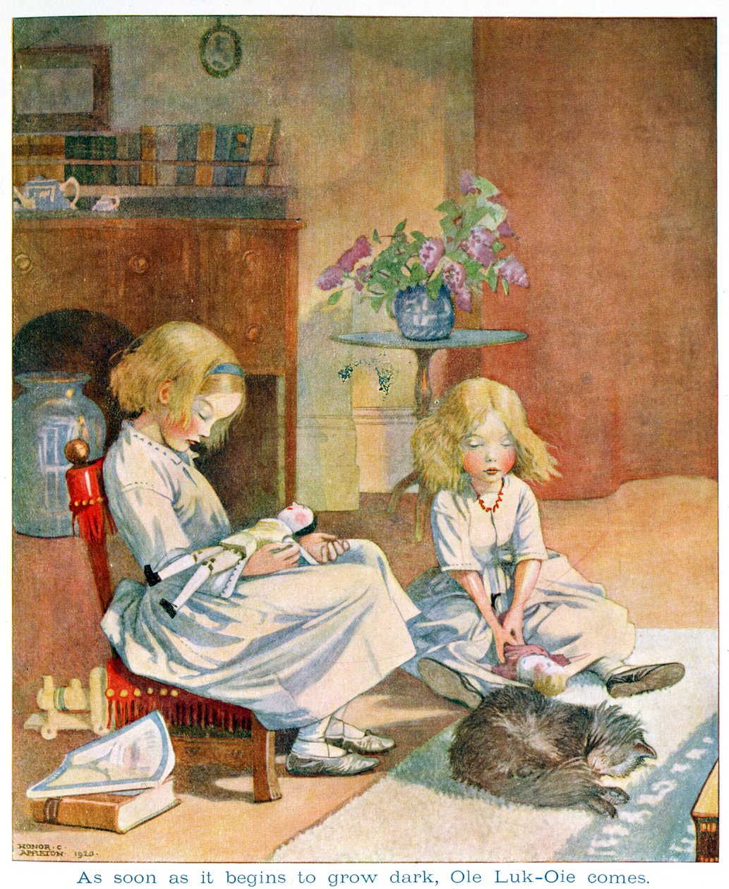 Amint sötétedni kezd, az „Ole Luk-Oie”-ból Hans Christian Andersen (1805-75) „Fairy Tales” című könyvének 1920-as kiadásában (akvarell papíron) alkotó: Honor Charlotte Appleton