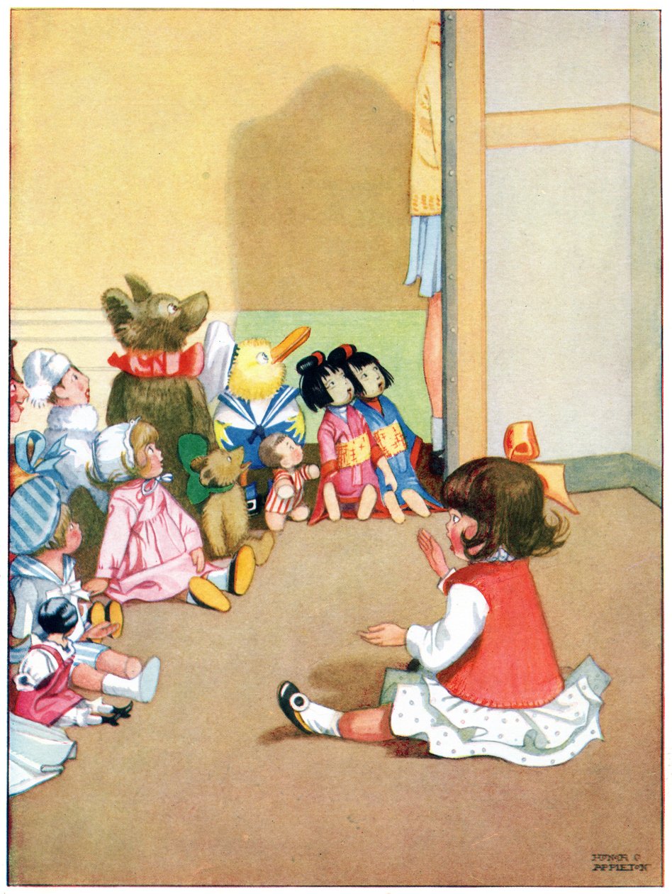 Dorothy elmesél a gyerekeknek egy történetet, a Blackie & Co. által kiadott „Josephine Keeps House” illusztrációját. alkotó: Honor Charlotte Appleton