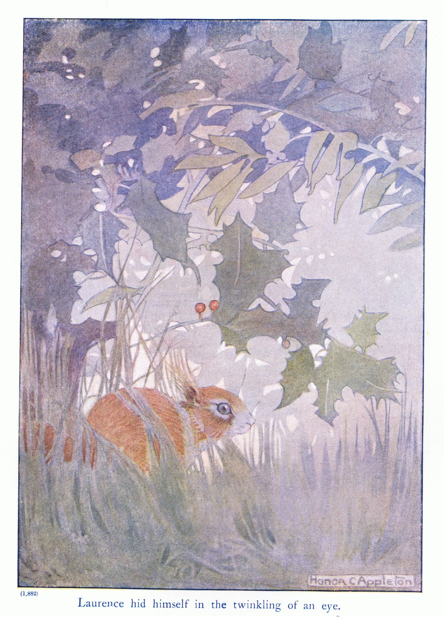 Laurence egy szempillantás alatt elbújt, illusztrációja Eleanor Tyrell „Továbbiak a mókusokról” című könyvéből, 1915 körül (színes litó) alkotó: Honor Charlotte Appleton