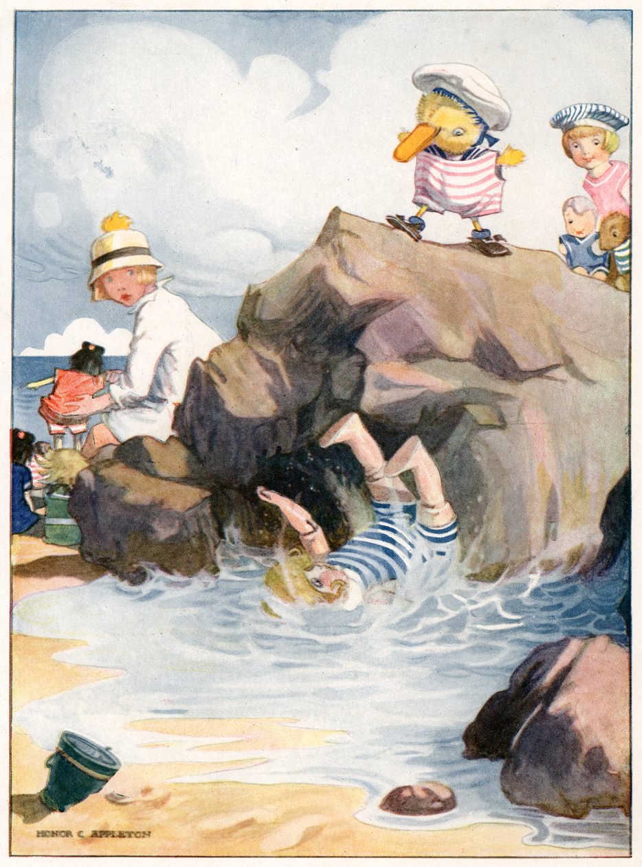 „Szegény Amy közvetlenül a tenger alá zuhant”, illusztráció a „Josephine is Busy”-ból, H.C. Cradock, kiadó: Blackie & Son, Ltd. (színes litho) alkotó: Honor Charlotte Appleton