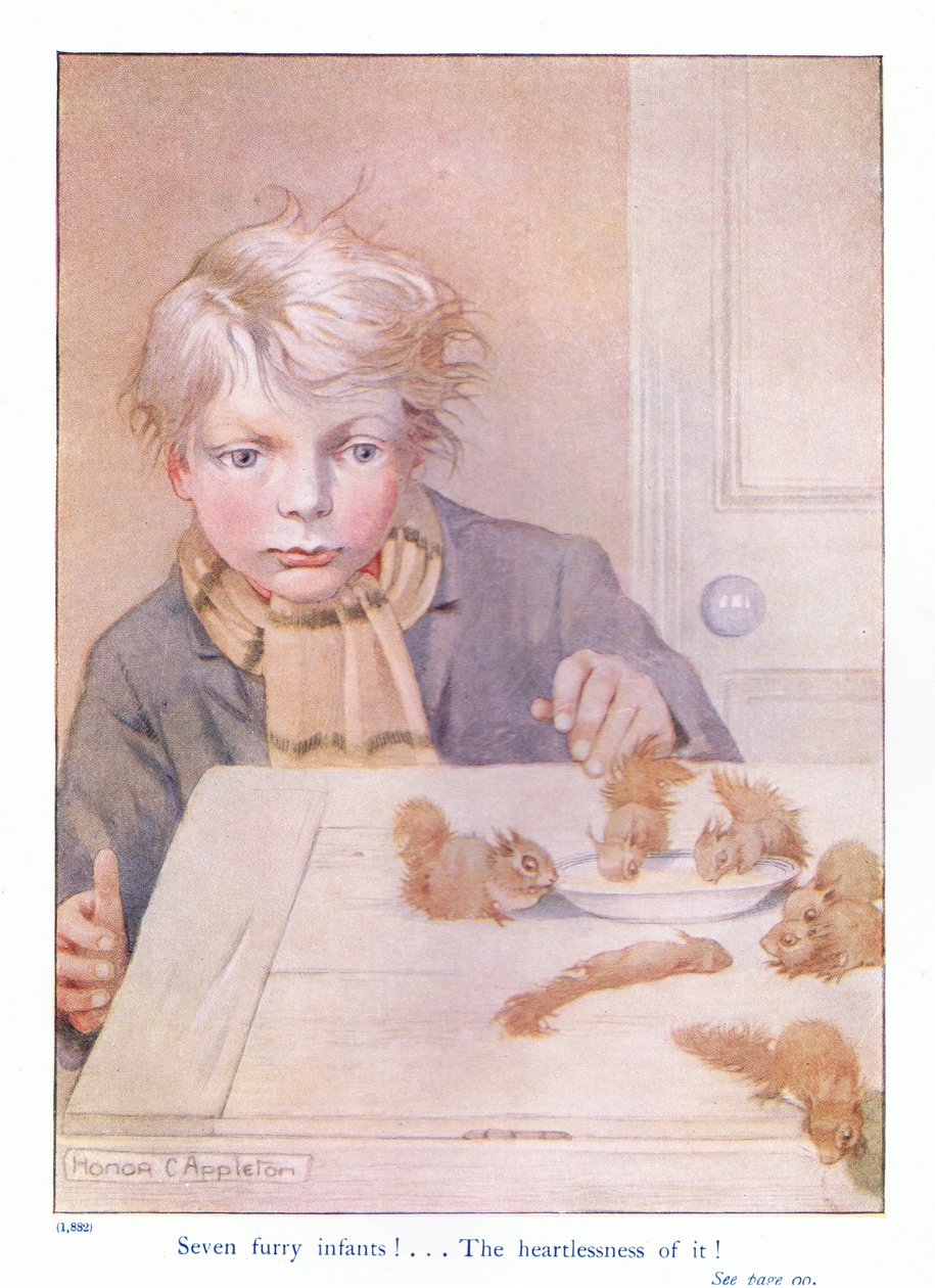 Hét szőrös csecsemő, illusztráció Eleanor Tyrell „Továbbiak a mókusokról” című művéből, 1915 körül (színes litó) alkotó: Honor Charlotte Appleton