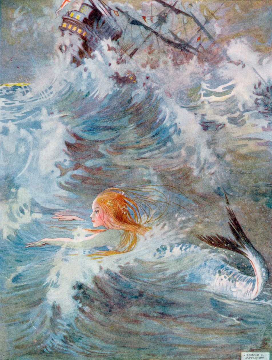 Mélyre merült a víz alá, újra felemelkedett a hullámok között, a "Kis hableány" című művéből Hans Christian Andersen (1805-75) "Fairy Stories" című könyvének 1920-as kiadásában (akvarell papíron) alkotó: Honor Charlotte Appleton