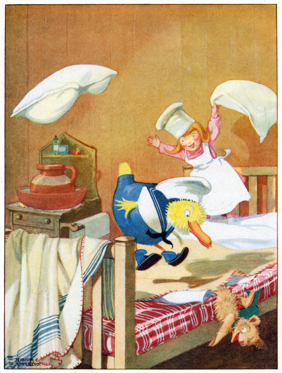 A gyalogosok egymást kergették az ágyak fölött, illusztráció a Blackie & Co. által kiadott „Josephine Keeps House”-ból. alkotó: Honor Charlotte Appleton