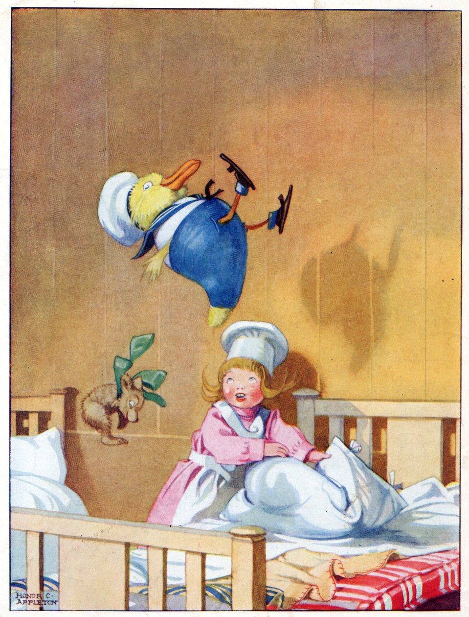 A rugókon ugráltak, illusztráció a Blackie & Co. által kiadott „Josephine Keeps House”-ból. alkotó: Honor Charlotte Appleton