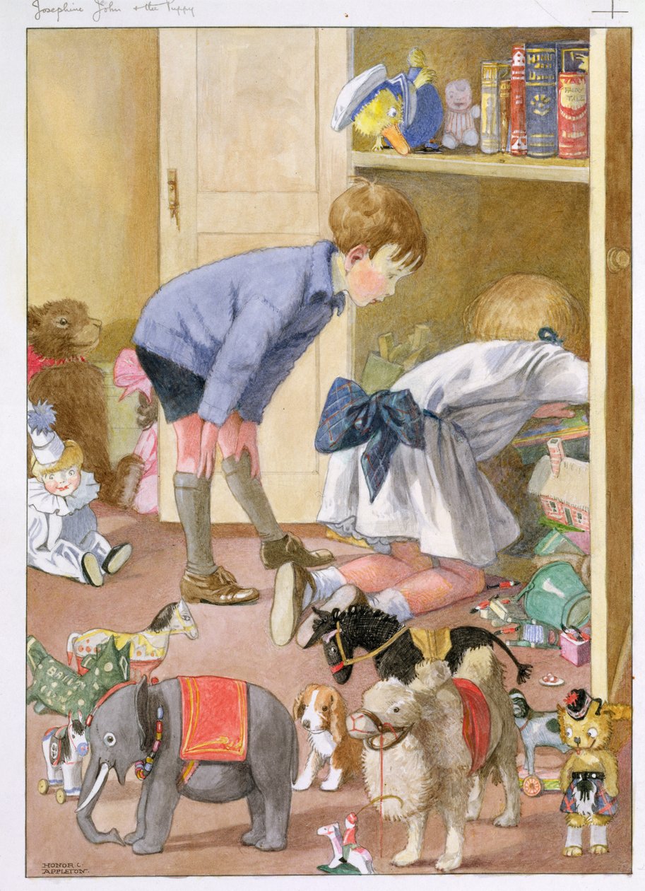 „A szekrényben vadásztunk, és végre megtaláltam” – illusztráció a „Josephine, John és a kiskutya” című könyvéből, Mrs. H.C. Cradock, kocsma. írta: Blackie and Son alkotó: Honor Charlotte Appleton