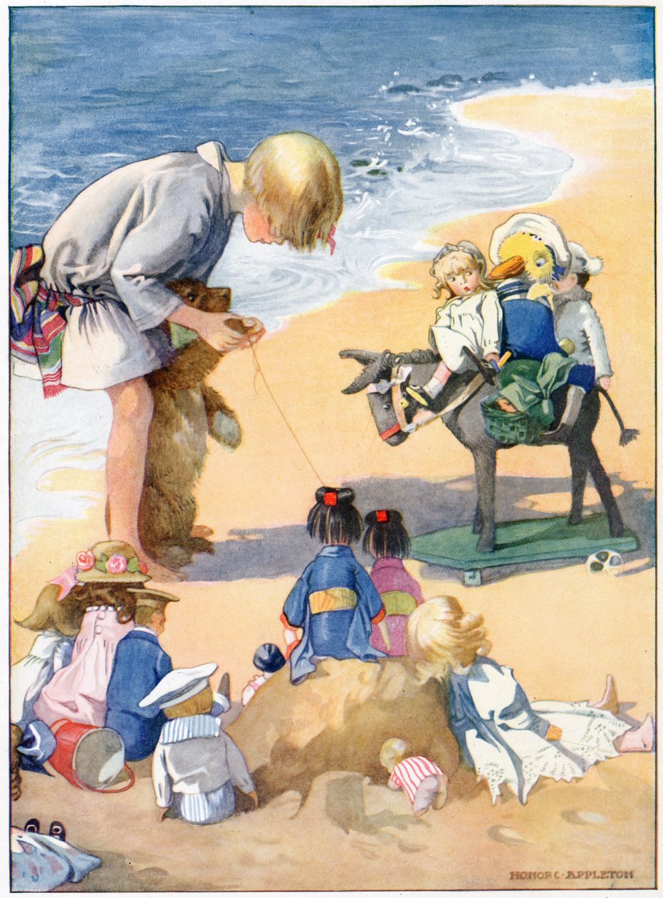 „Megcsináltuk, hogy Big Teddy legyen a szamárfiú”, illusztráció a „Josephine is Busy” című filmből, H.C. Cradock, kiadó: Blackie & Son, Ltd. (színes litho) alkotó: Honor Charlotte Appleton