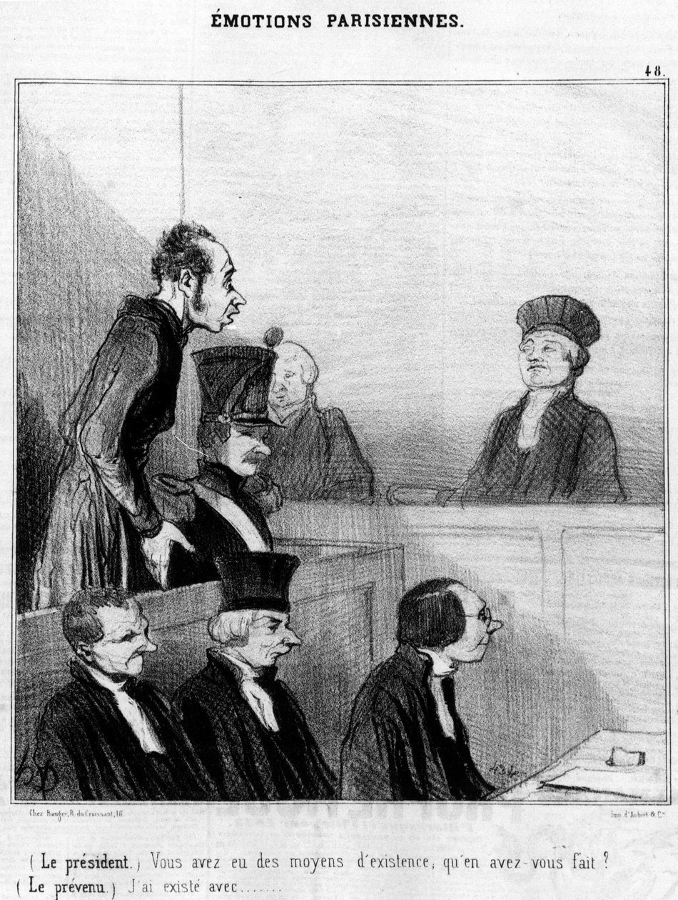 (Elnök) Volt megélhetése, mit csinált vele? (Az alperes) Létezem...,, Honore Daumier (1808-1879) rajzfilmsorozata a párizsi érzelmekről. "Macskazene" alkotó: Honoré Daumier