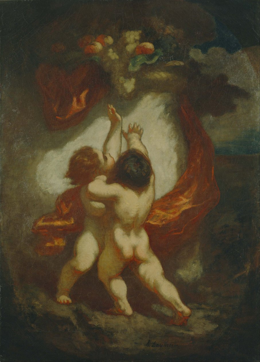 Két gyerek veszekszik egy darab gyümölcsért alkotó: Honoré Daumier