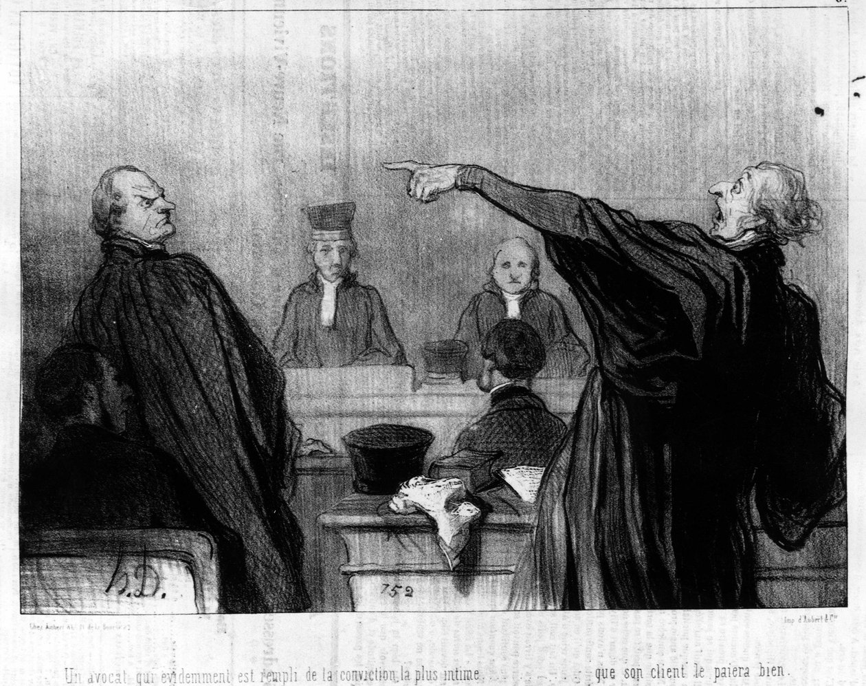Egy ügyvéd, akit nyilvánvalóan a legbensőségesebb meggyőződés tölt el... hogy ügyfele jó párkapcsolatban lesz vele, Honore Daumier (1808-1879) igazságszolgáltatásról szóló „Gens de Justice” rajzfilmsorozatából. "Macskazene" alkotó: Honoré Daumier